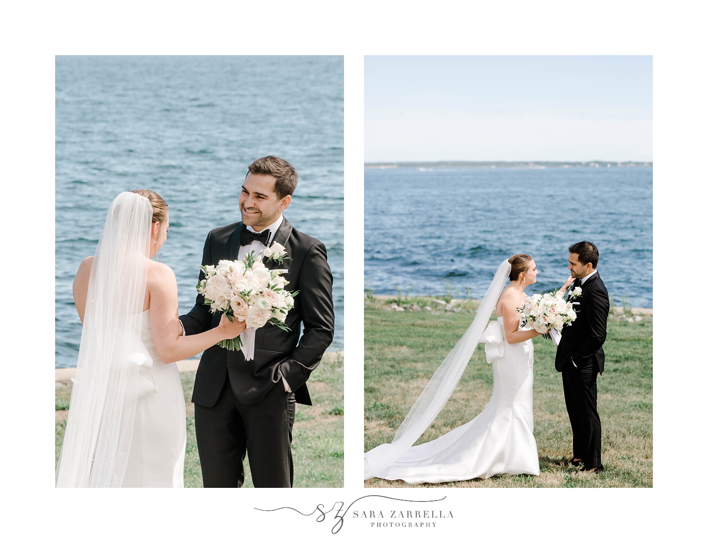 groom smiles at bride along waterfront outside Aldrich Mansion