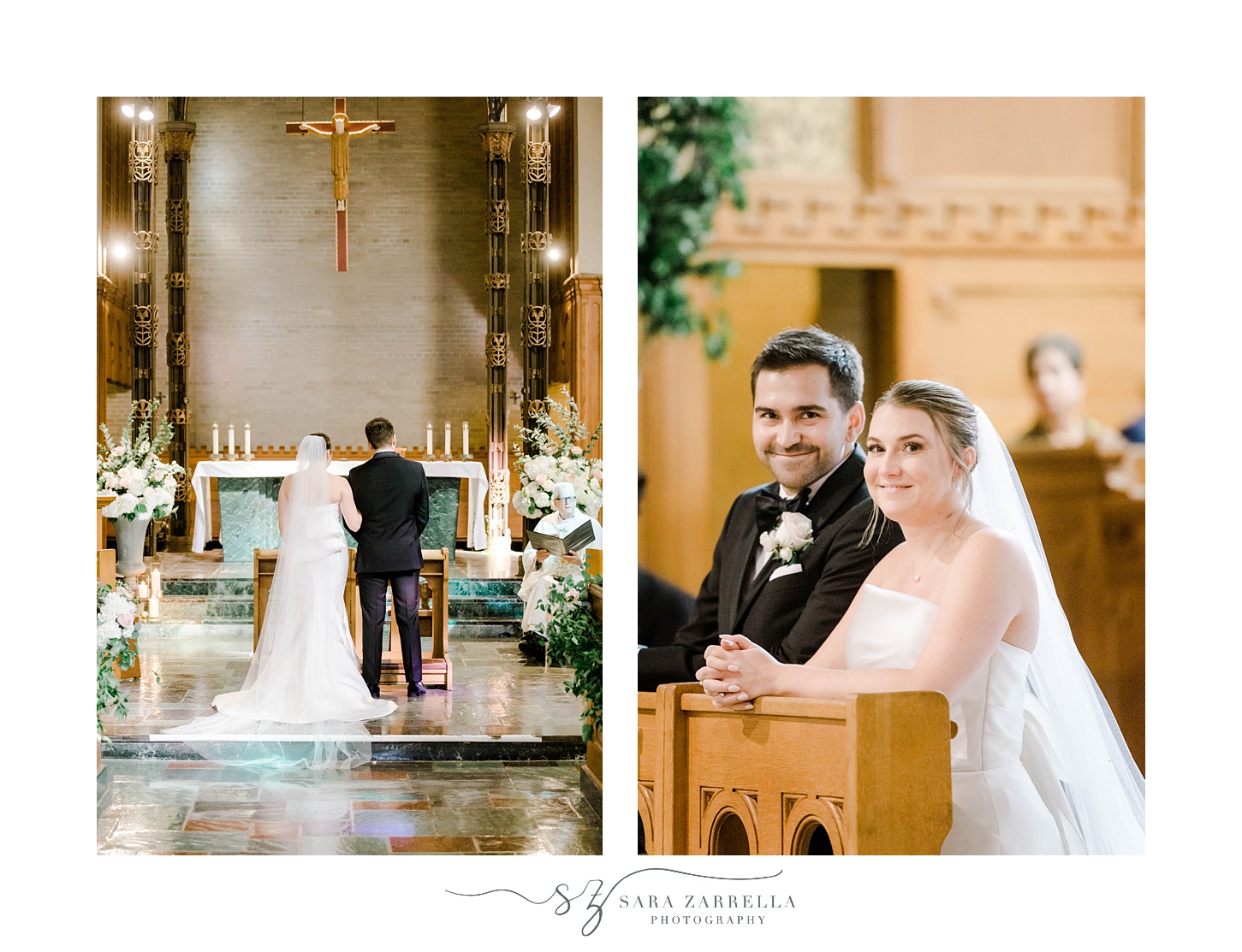 bride and groom kneel during traditional ceremony at Aldrich Mansion chapel