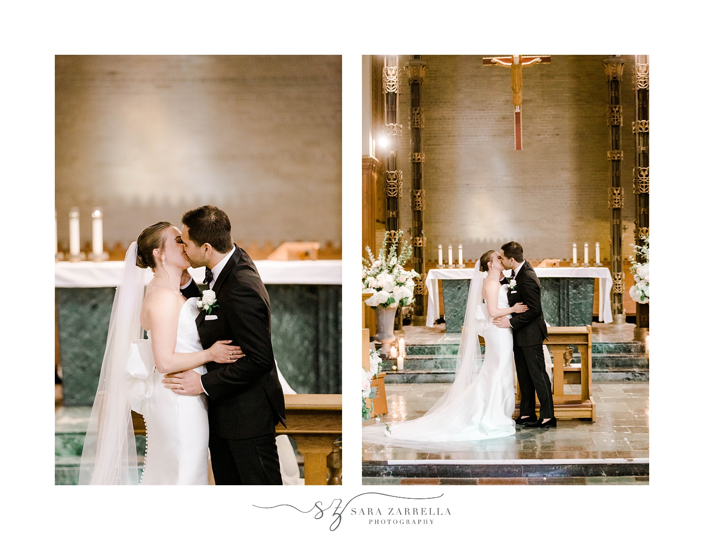 groom and bride kiss during traditional ceremony at Aldrich Mansion chapel