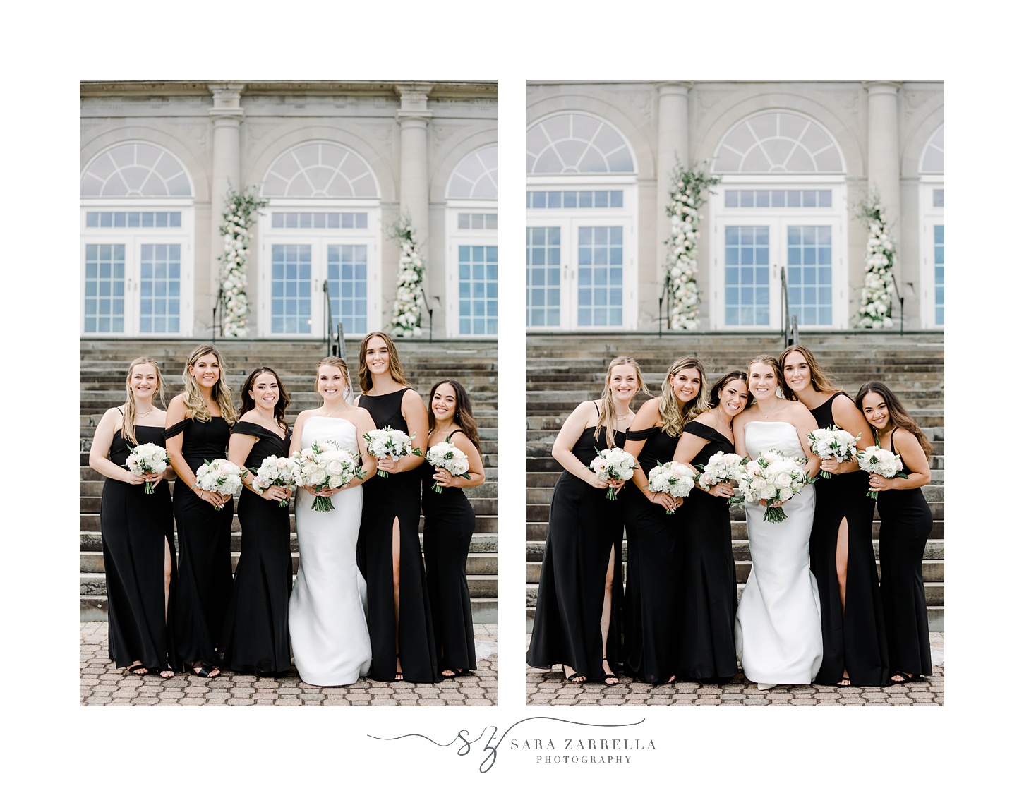 bride and bridesmaids pose on staircase of Aldrich Mansion