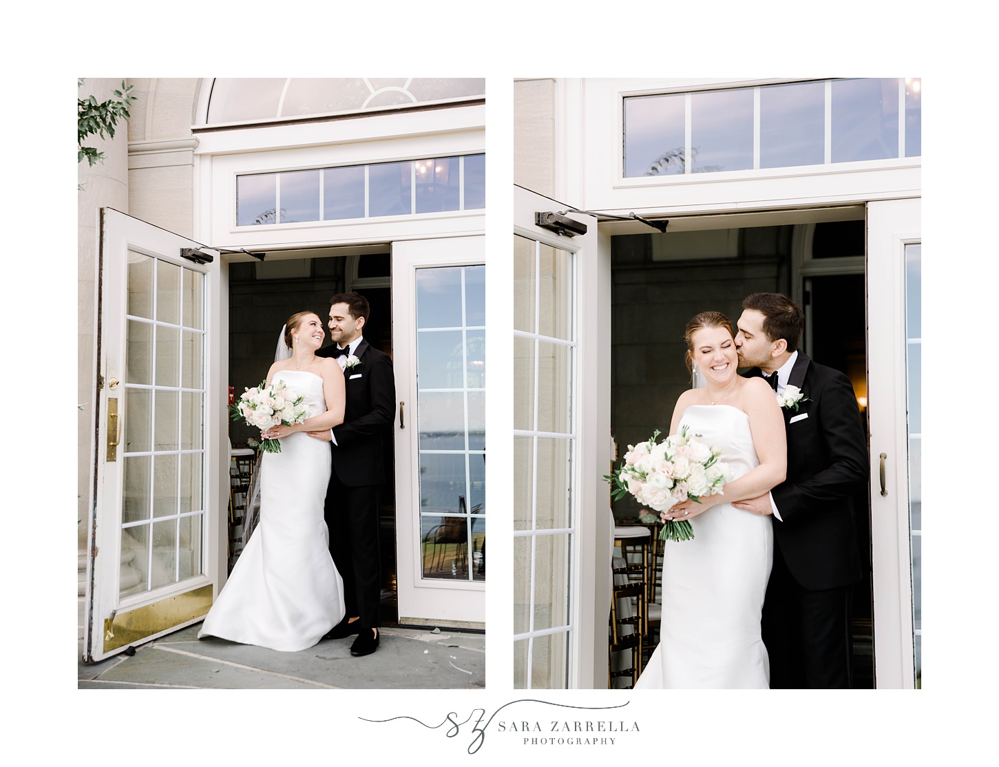 bride and groom hug in doorway at Aldrich Mansion