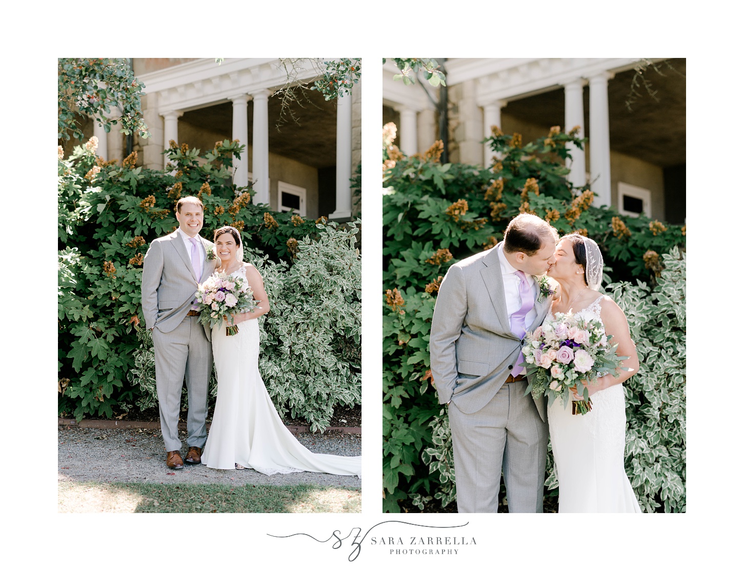 newlyweds stand by Blithewold Mansion during portraits 