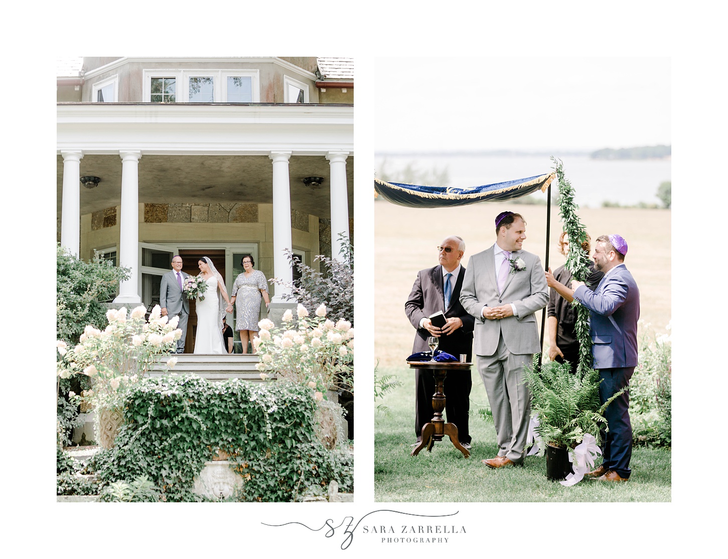 groom waits for bride in front of chuppah on lawn at Blithewold Mansion