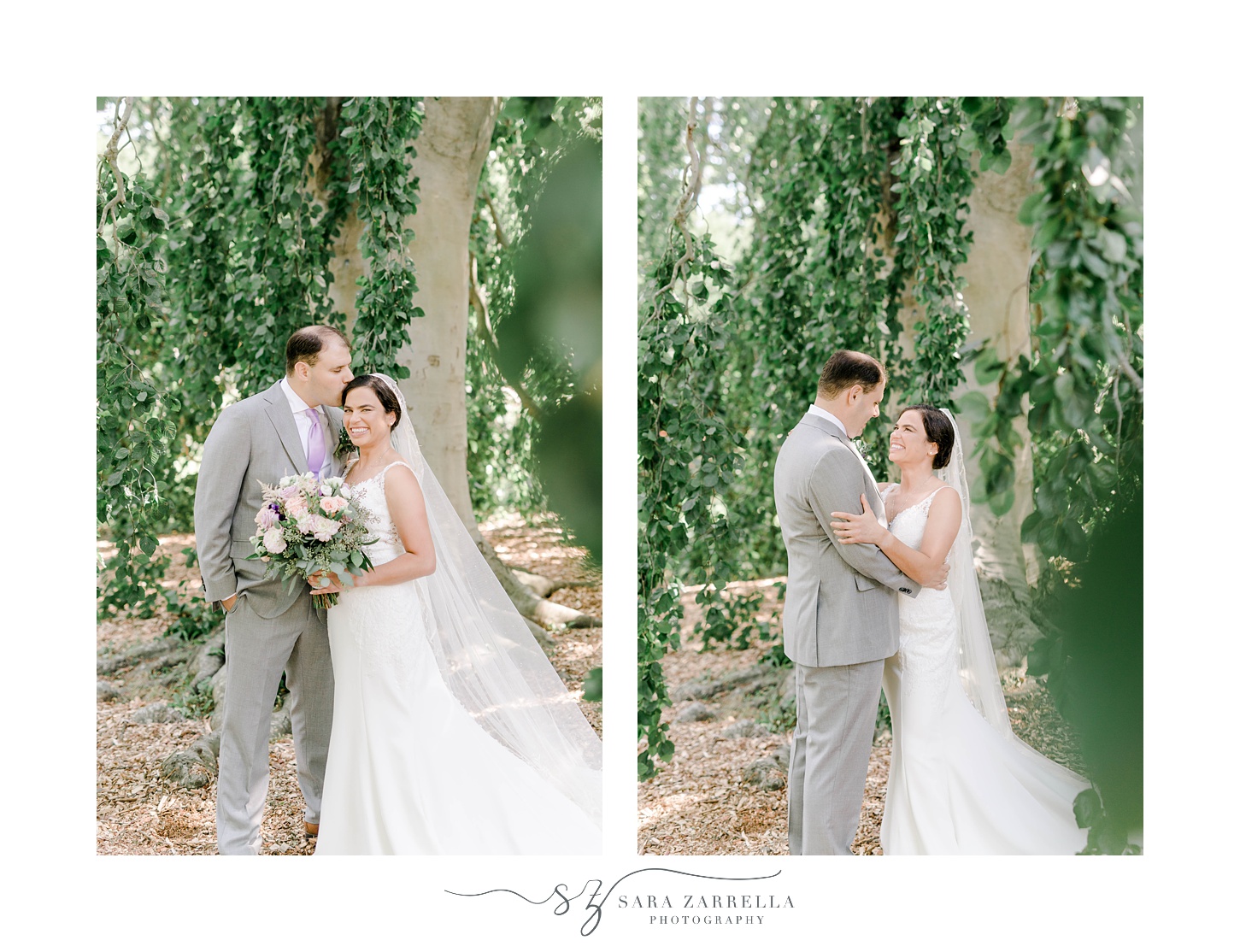 bride and groom hug under weeping willow in Bristol RI