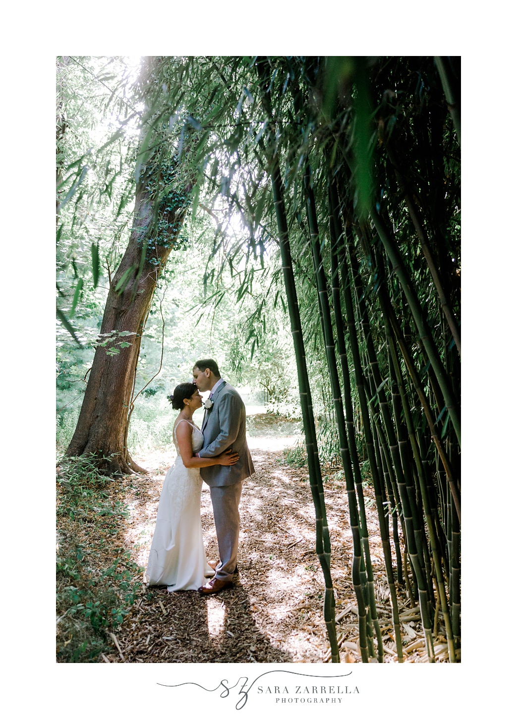 groom kisses bride standing by bamboo at Jewish wedding ceremony at Blithewold Mansion