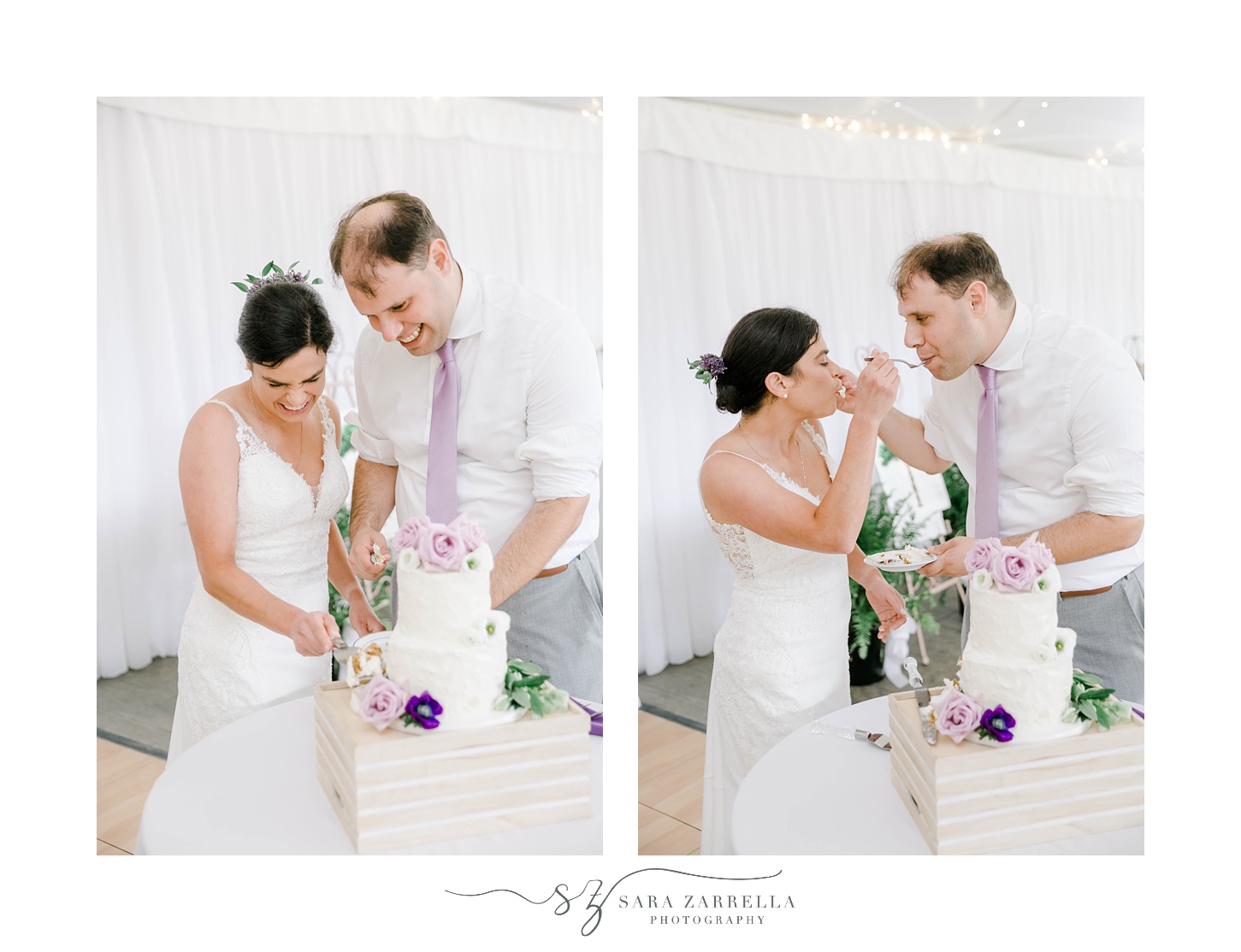 bride and groom cut wedding cake during reception in Bristol RI