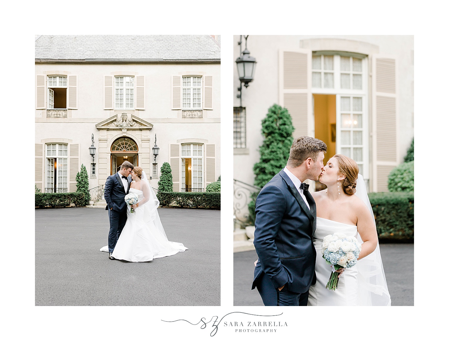 bride and groom kiss outside Glen Manor House