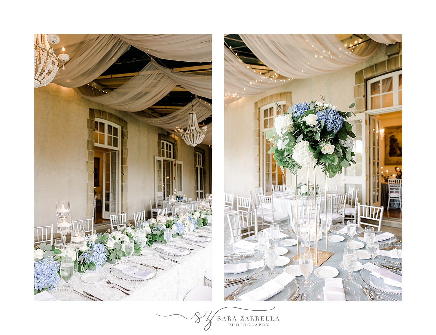 blue and white floral arrangements at Glen Manor House
