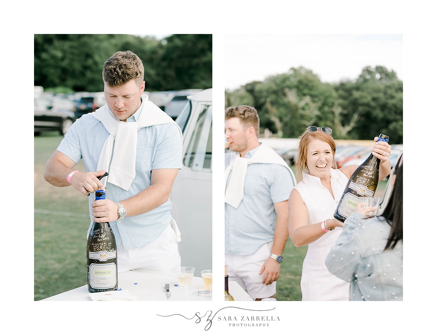 groom opens champagne at Newport Polo match