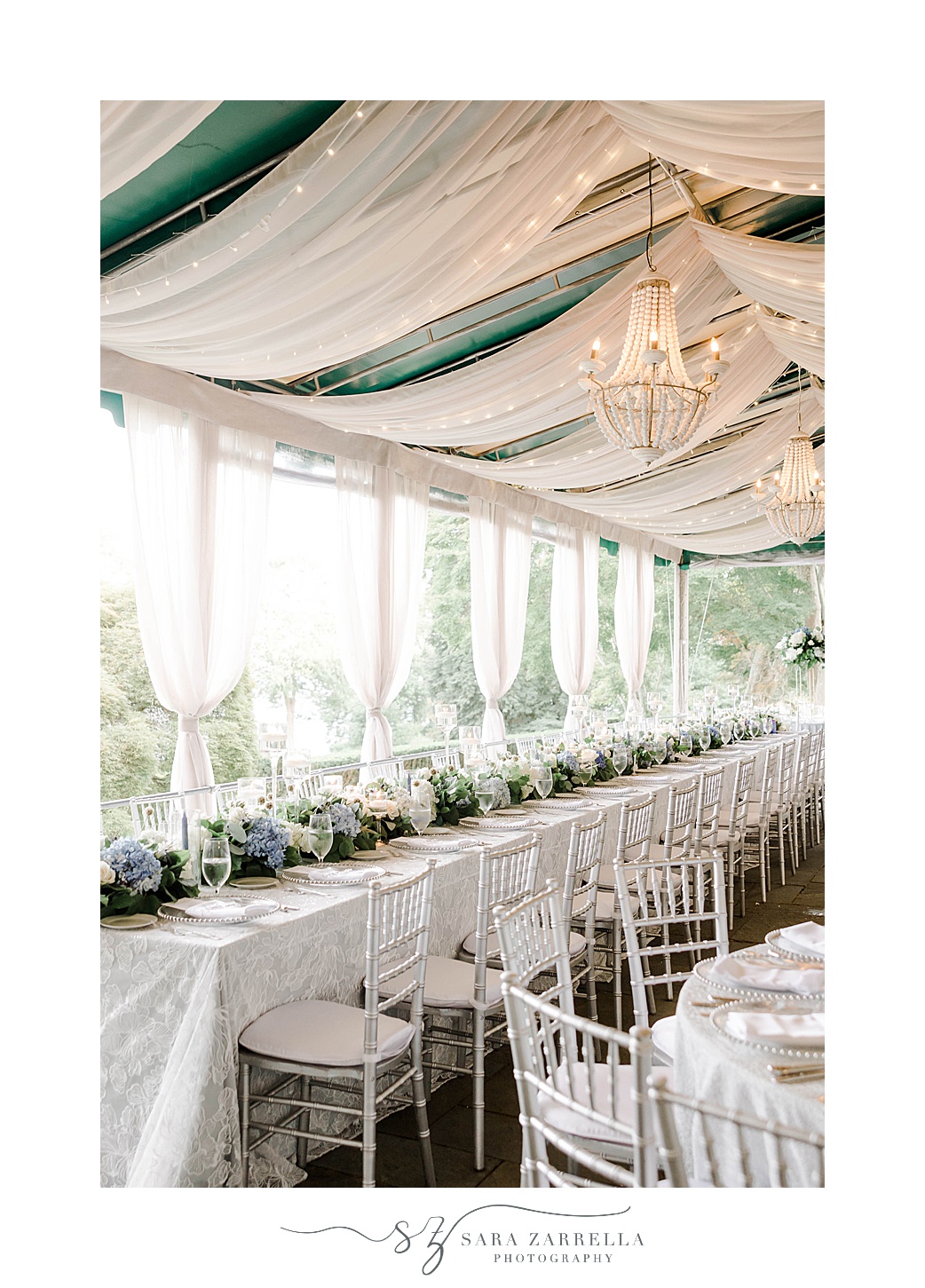 long tables at Glen Manor House with white and blue details 