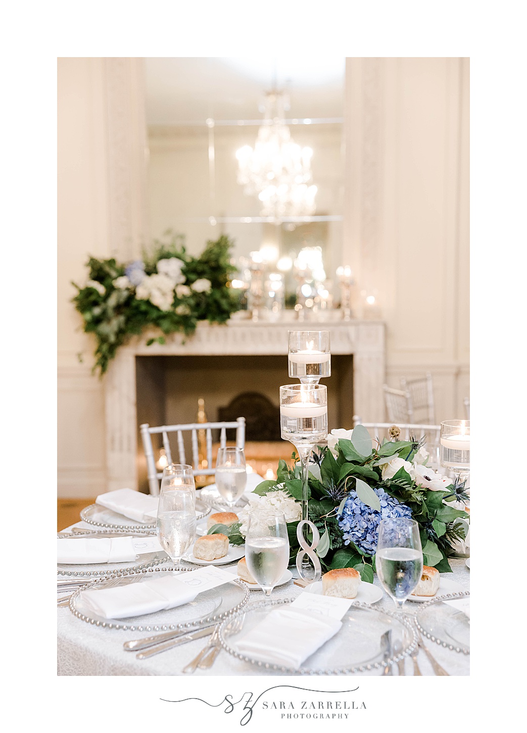 wedding reception with blue and white flower centerpieces at Glen Manor House