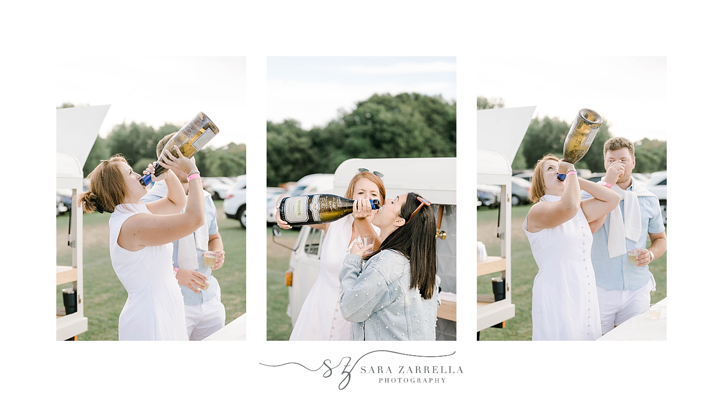 bride and groom drink champagne at Newport Polo match