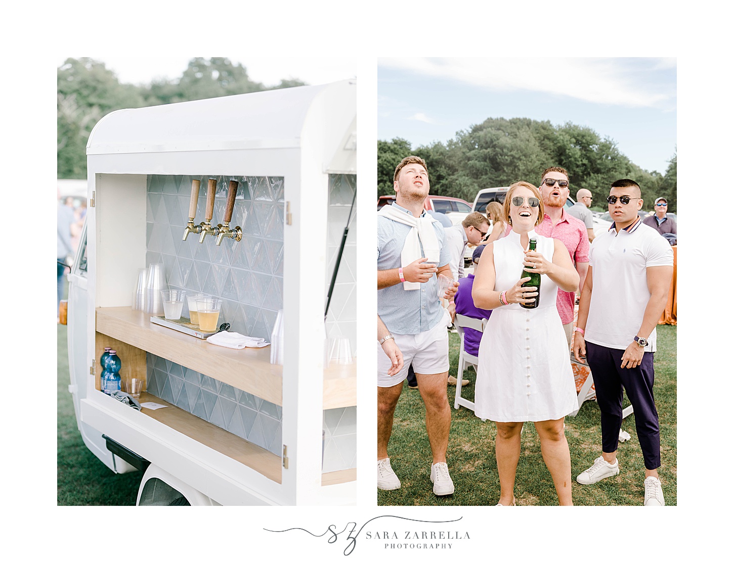 bride pops champagne during Newport Polo match