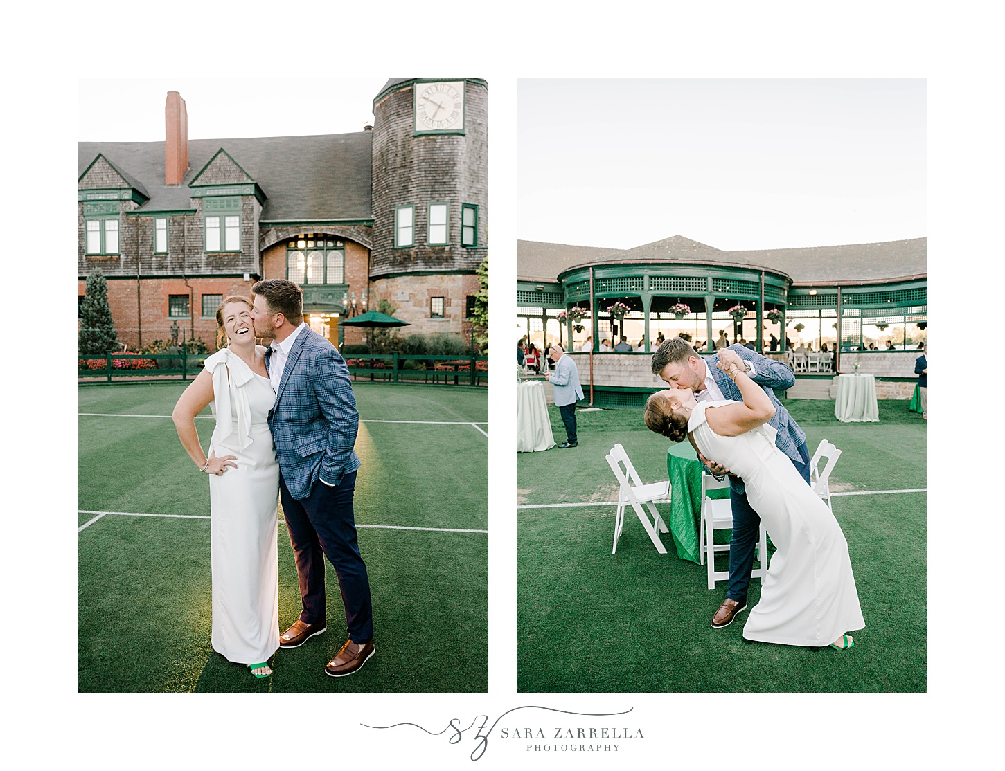 groom dips bride kissing her outside The International Tennis Hall of Fame