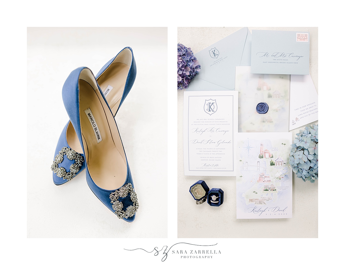 bride's blue shoes and invitation suite at Glen Manor House