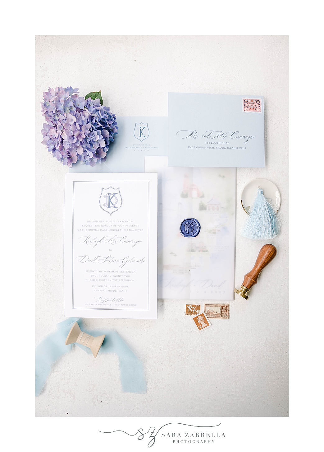 blue and white invitation suite for Glen Manor House wedding