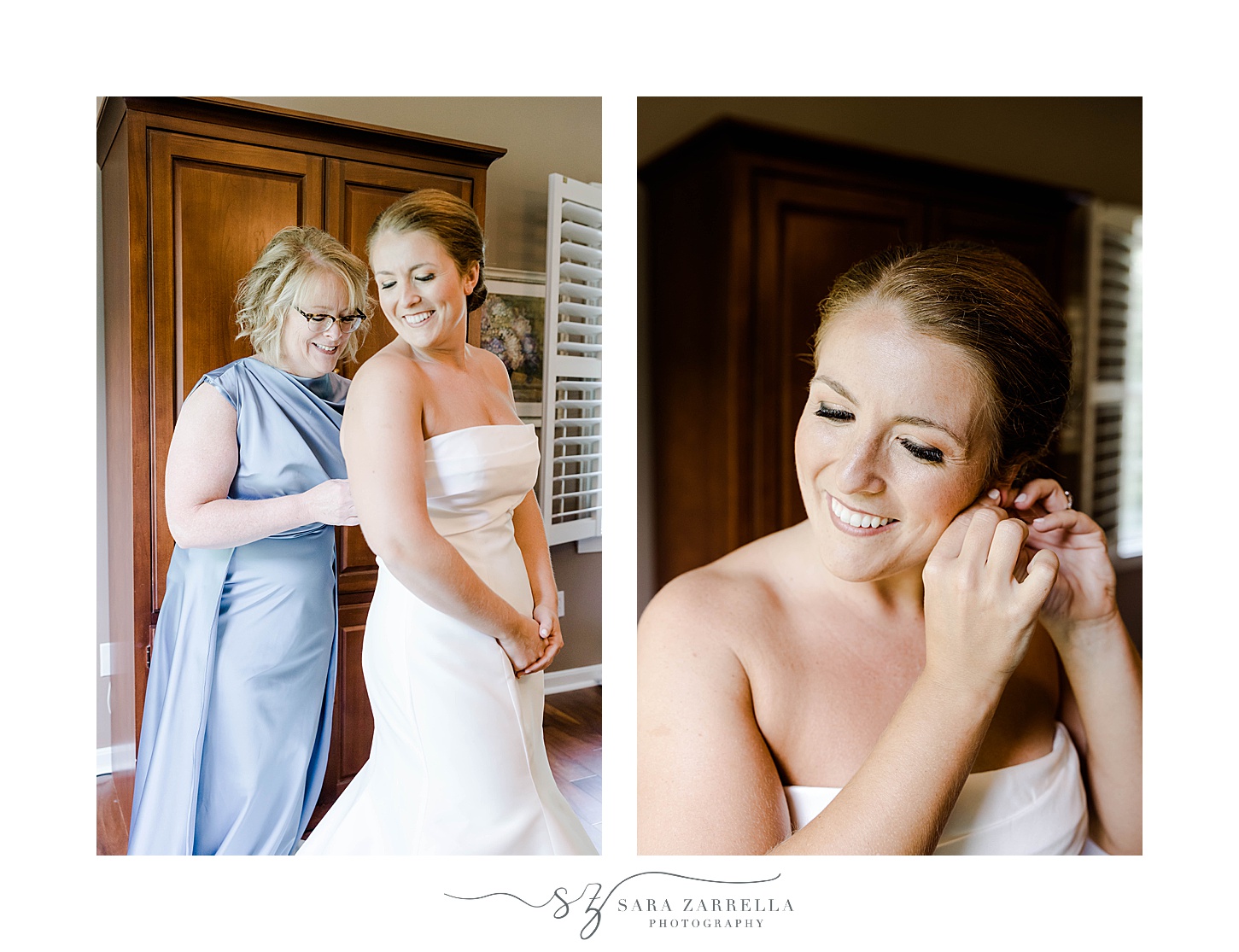 bride and mom in blue dress prepare for Glen Manor House wedding