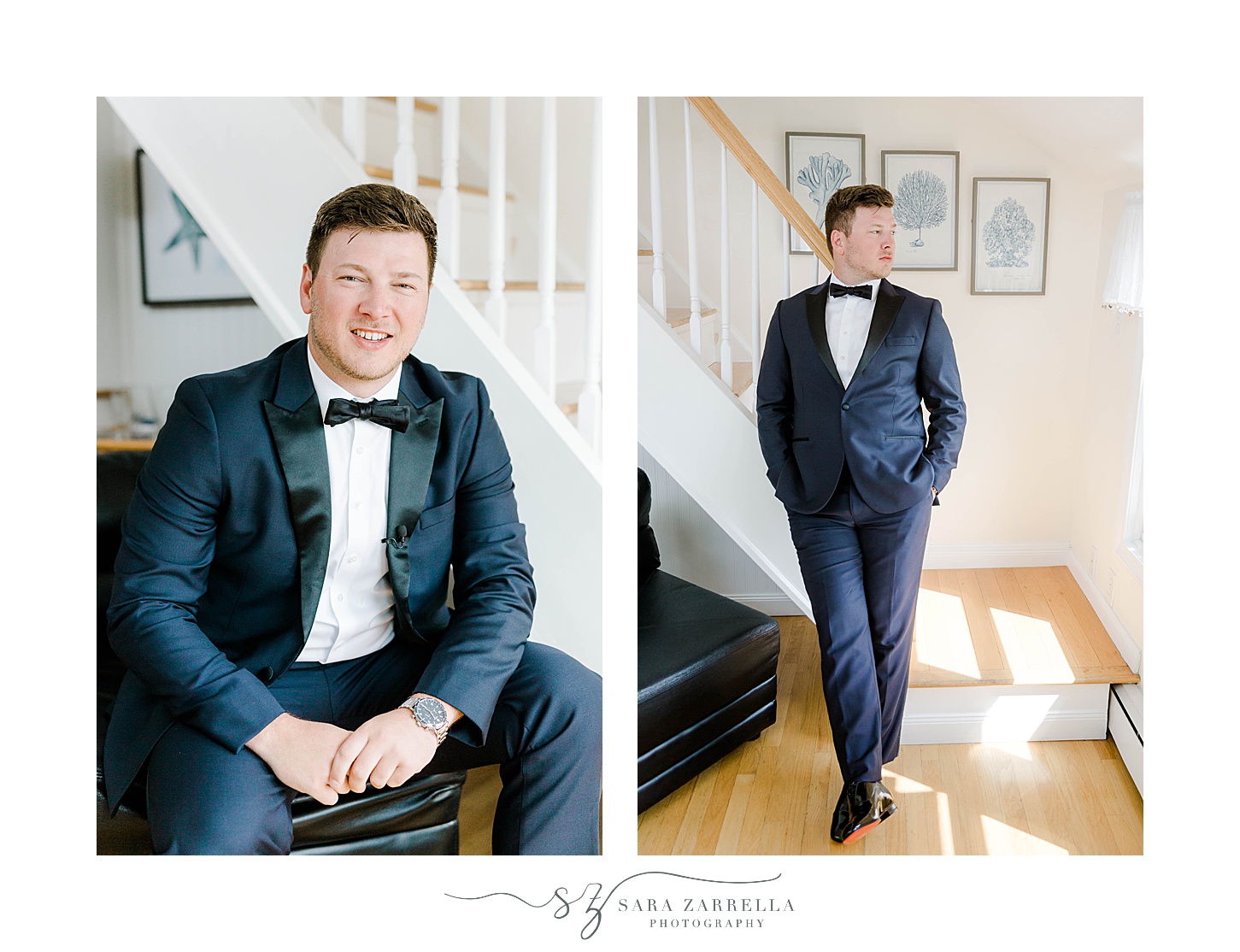 groom poses against staircase in navy suit