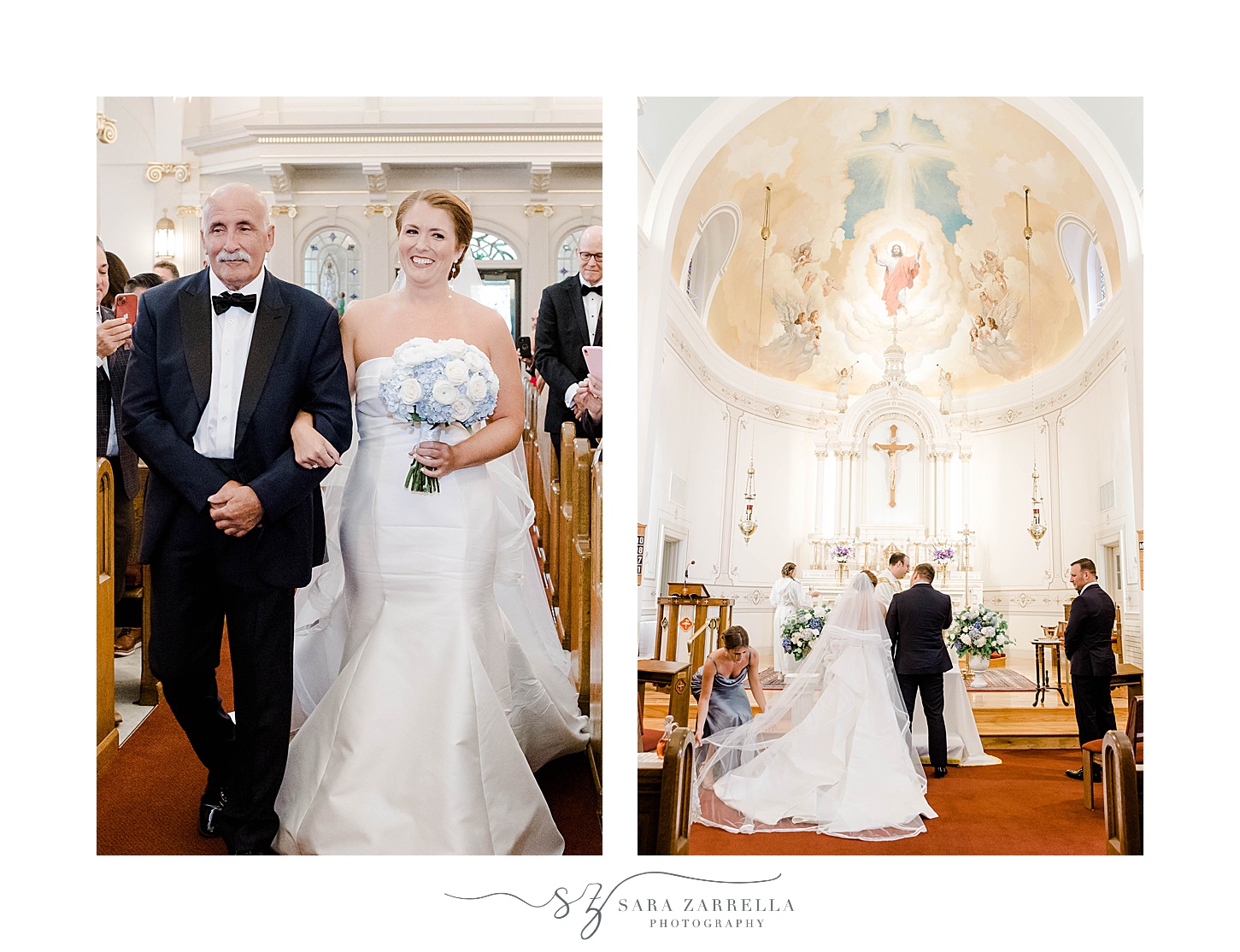 bride and dad walk down aisle during traditional church wedding ceremony