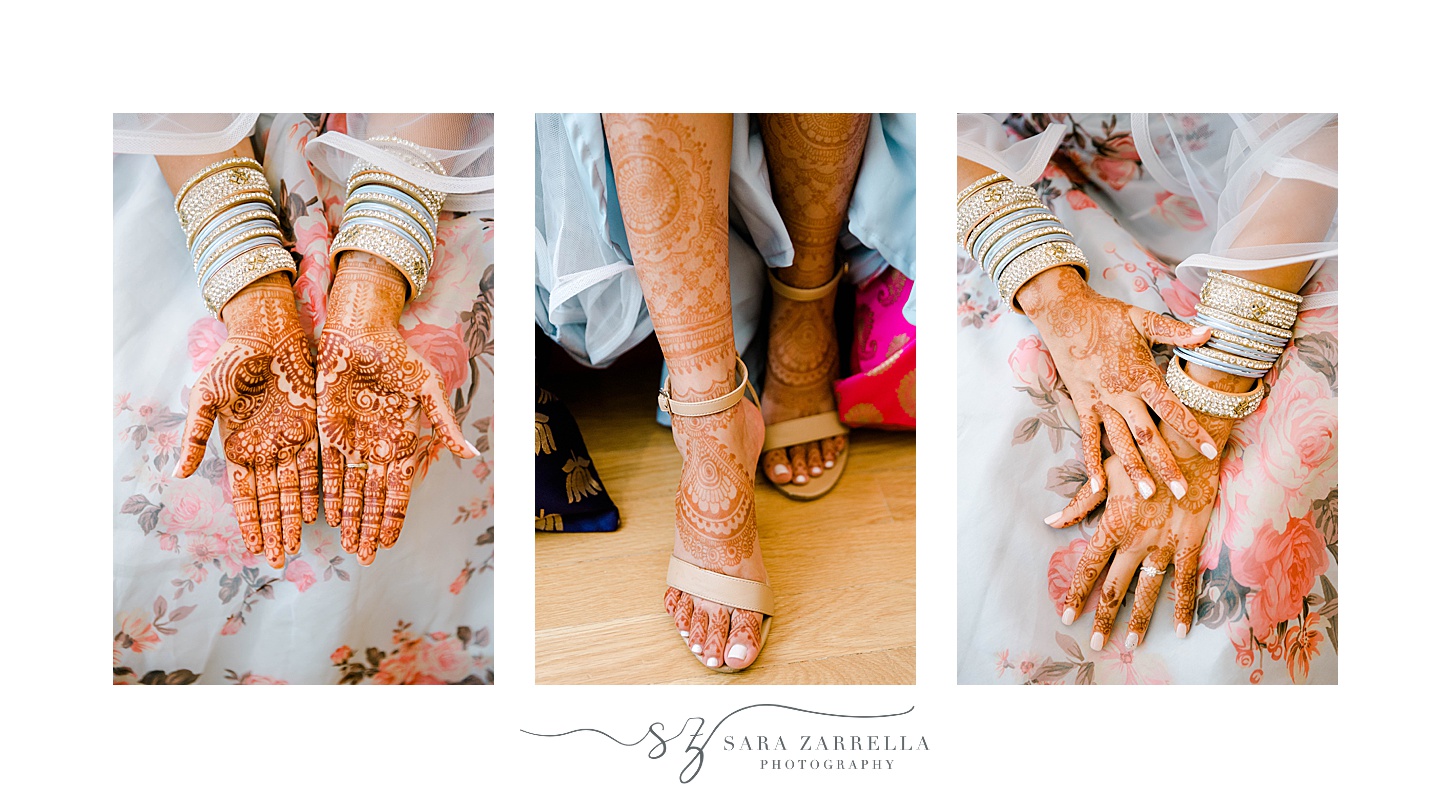 bride's henna tattoos for welcome dinner for Newport RI Indian wedding