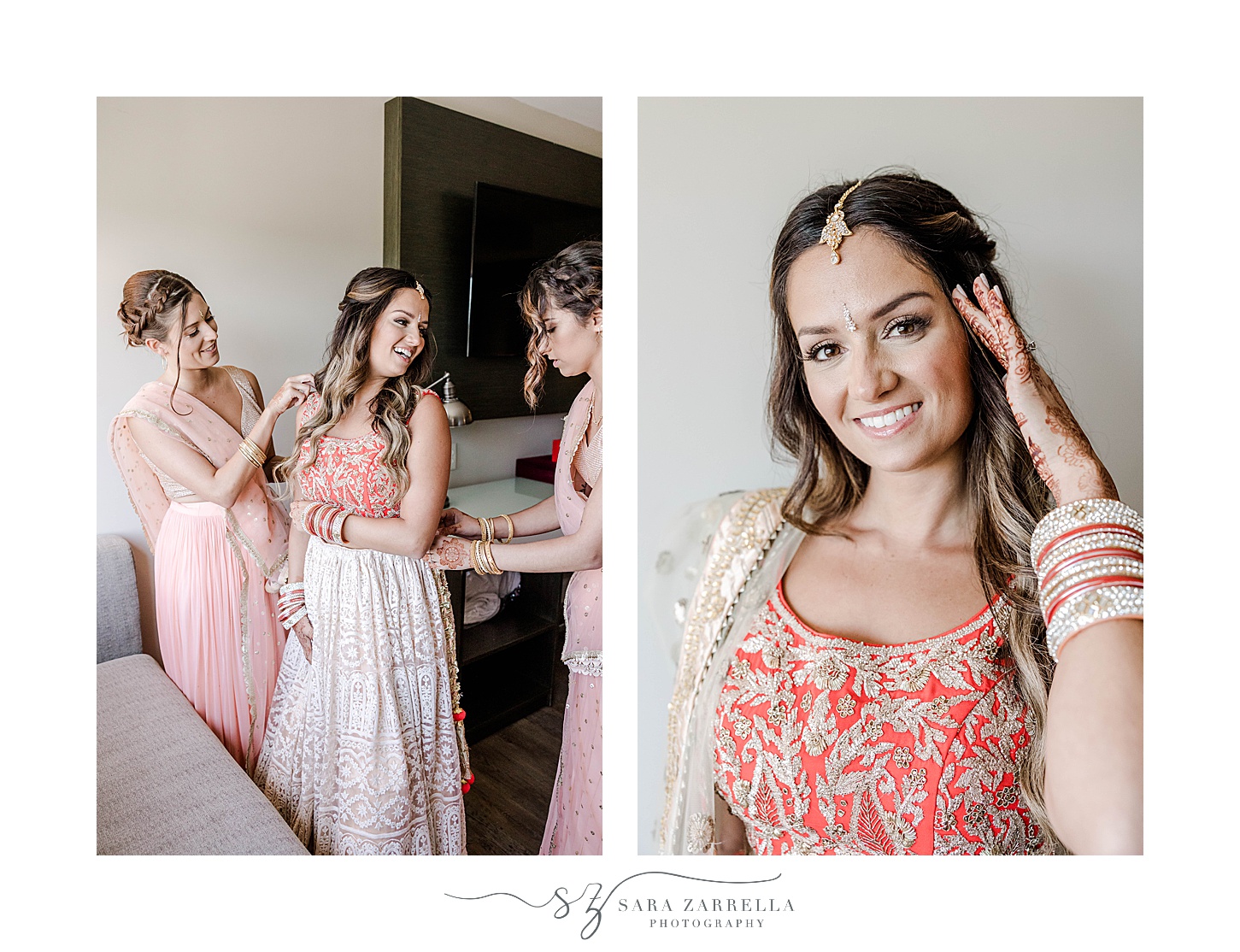 bride and bridesmaids prepare for Indian wedding at Newport Beach House