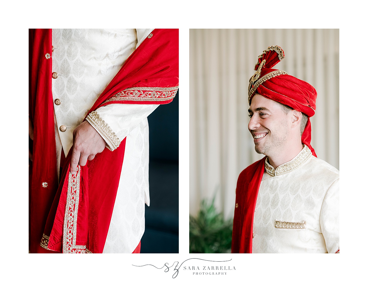 groom's red wrap for Indian wedding at Newport Beach House