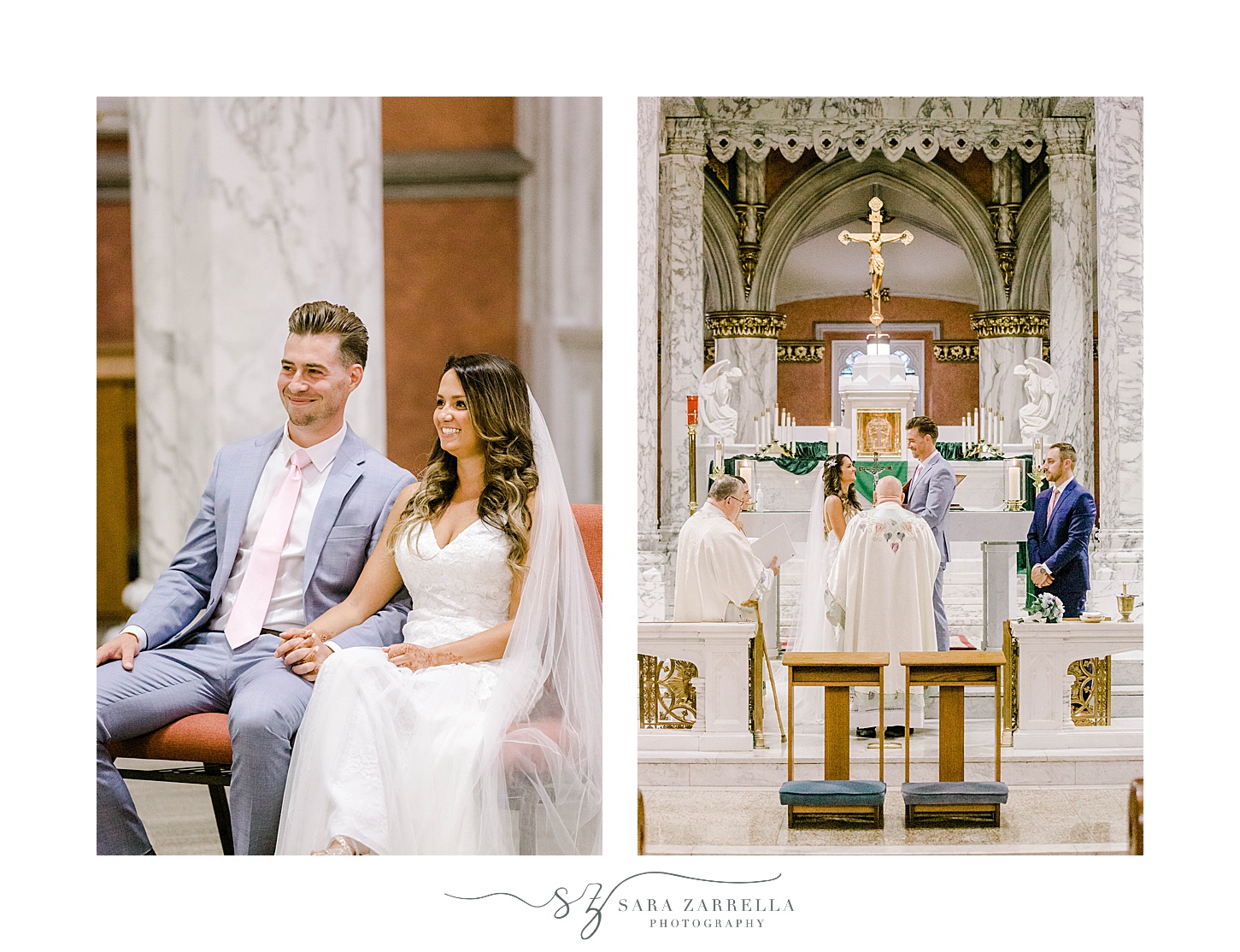 bride and groom sit during Catholic wedding ceremony in Newport RI