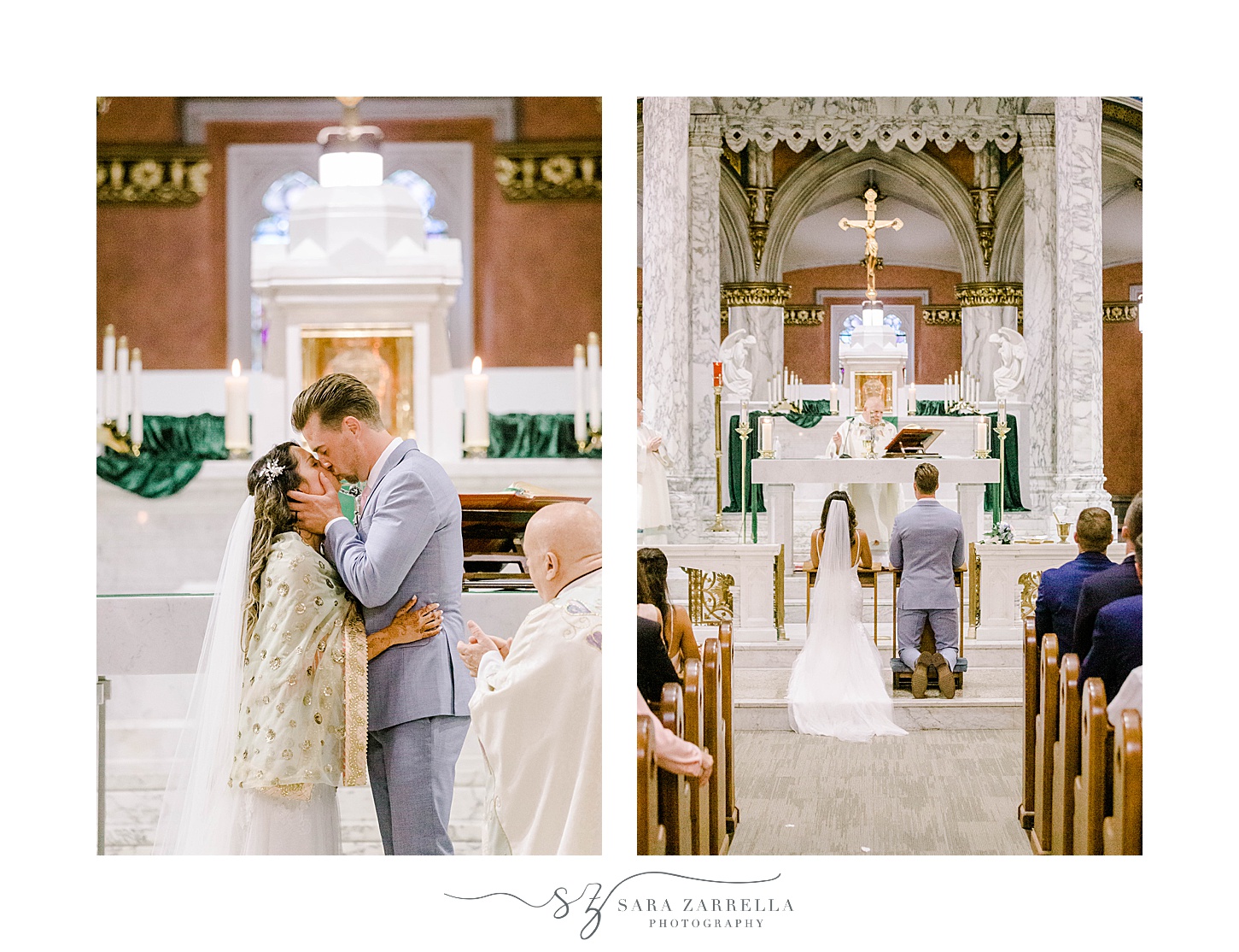 newlyweds kiss and kneel during Catholic wedding ceremony in Newport RI