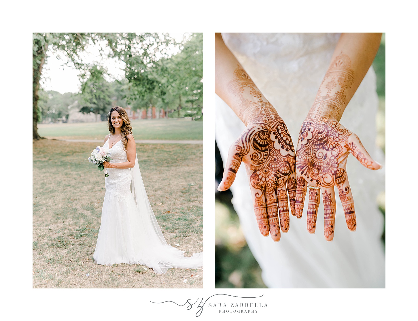 bride poses in traditional wedding gown with henna on hands