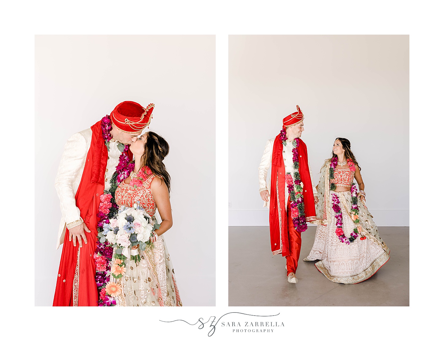 newlyweds kiss during wedding portraits in Indian attire at Newport Beach House