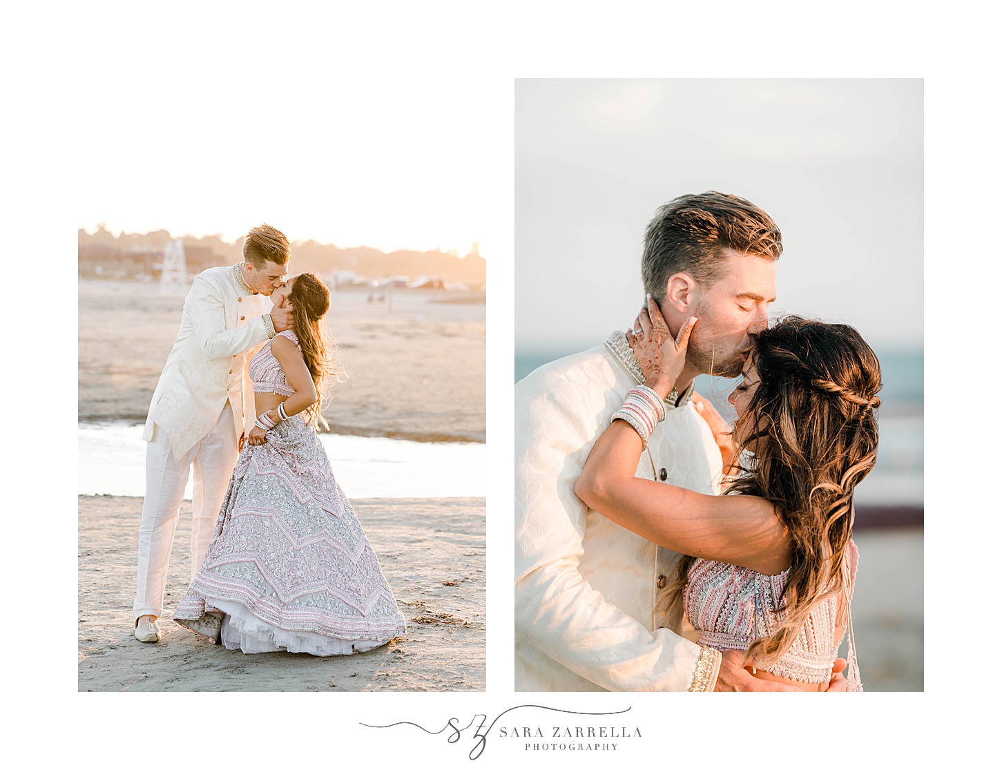 groom kisses bride's forehead during sunset portraits at Newport Beach