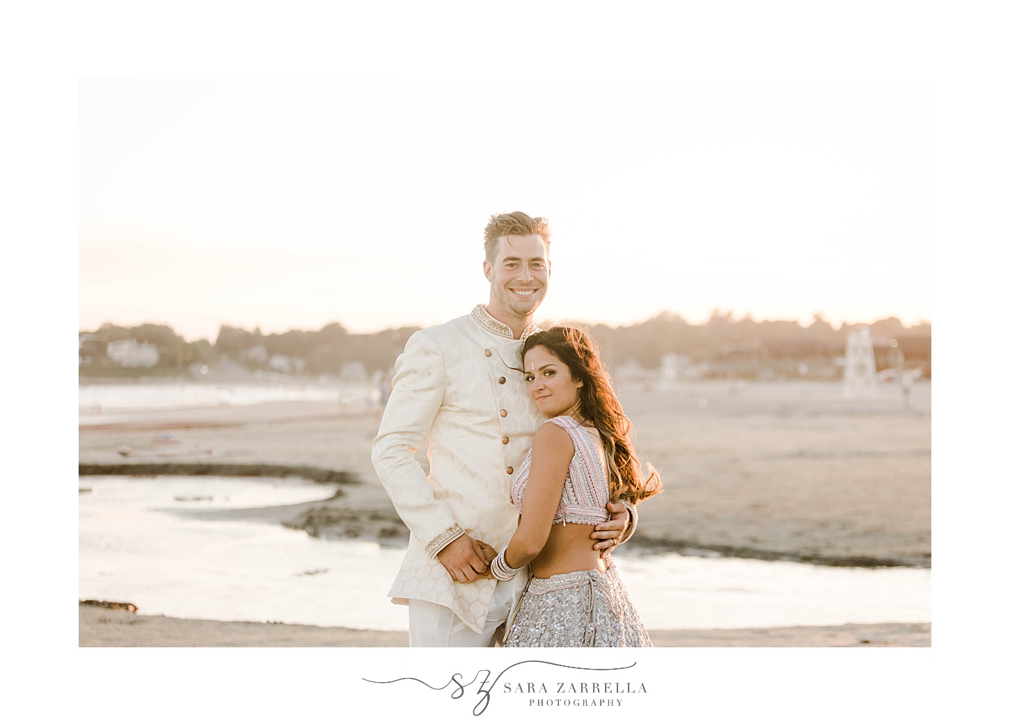 bride leans into groom at sunset on Newport Beach
