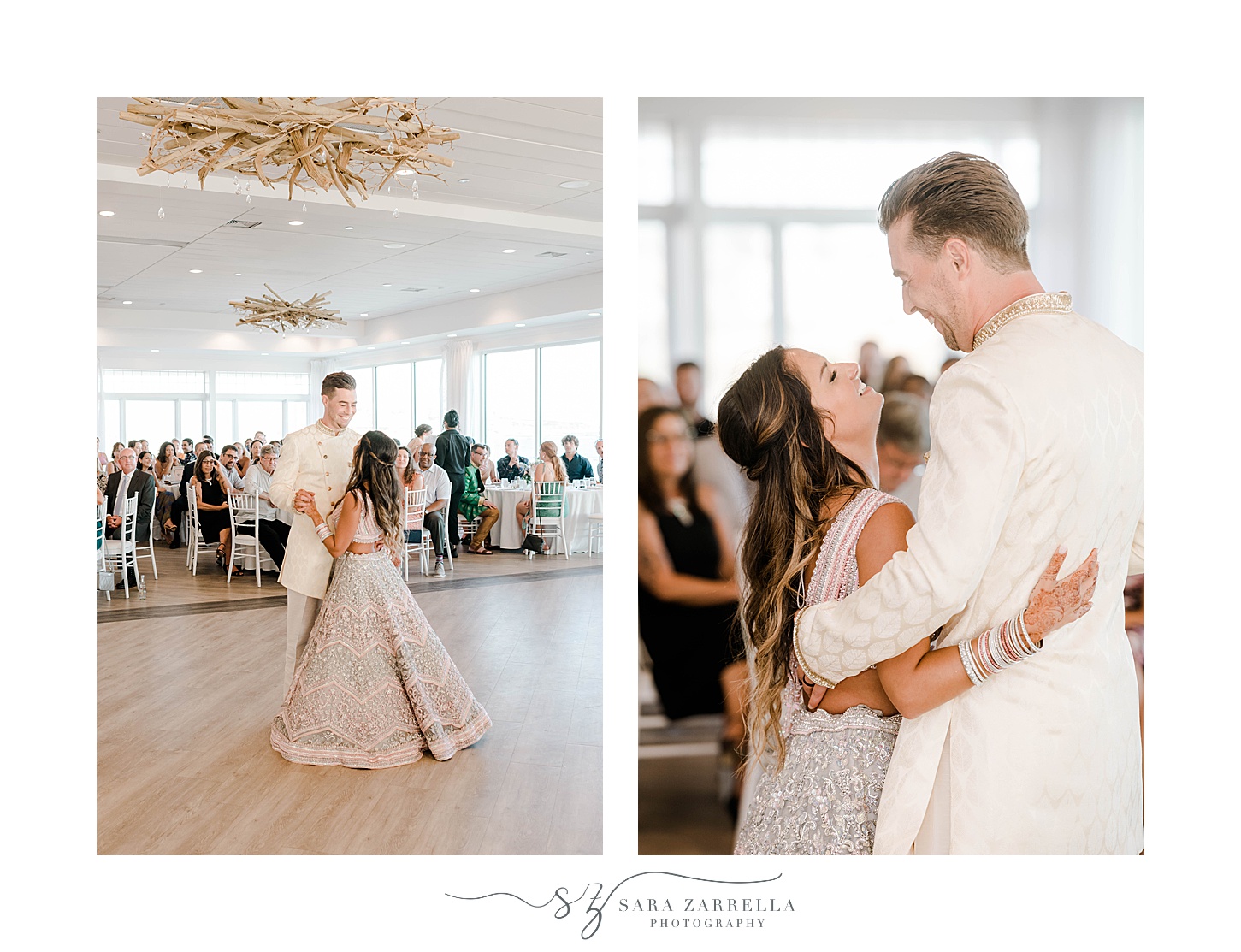 bride smiles up at groom during first look at Newport Beach House