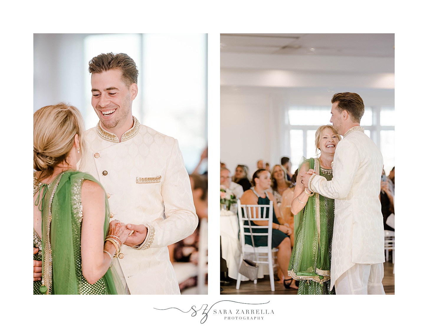 groom dances with mother in green saree at Newport Beach House