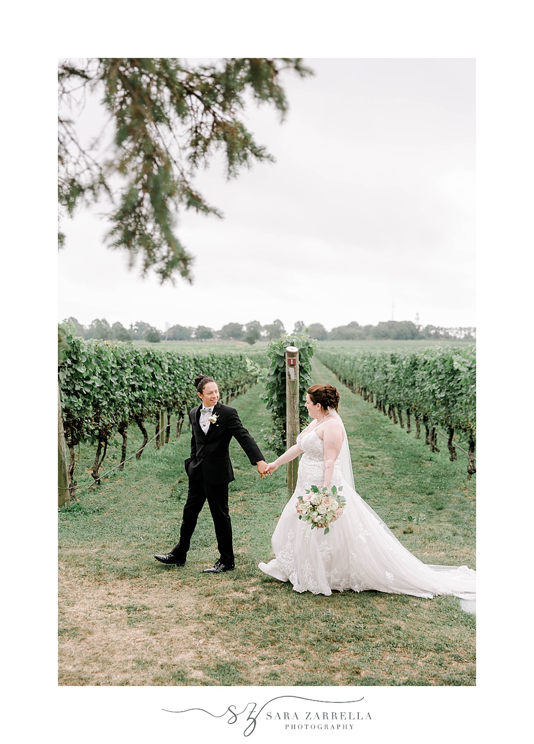groom walks holding bride's hand behind him by vines at Newport Vineyards