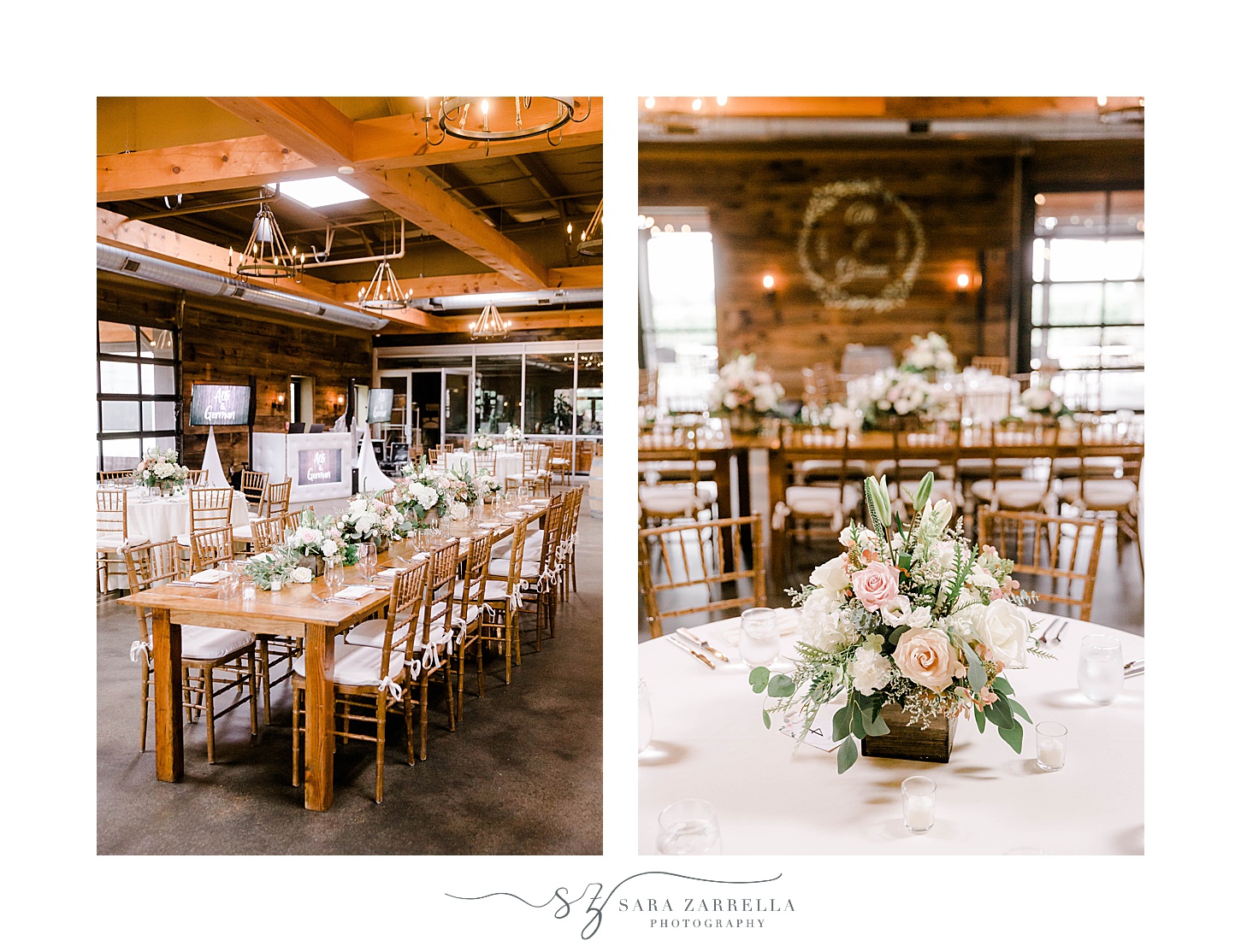 long wooden table with floral centerpieces for rustic reception at Newport Vineyards