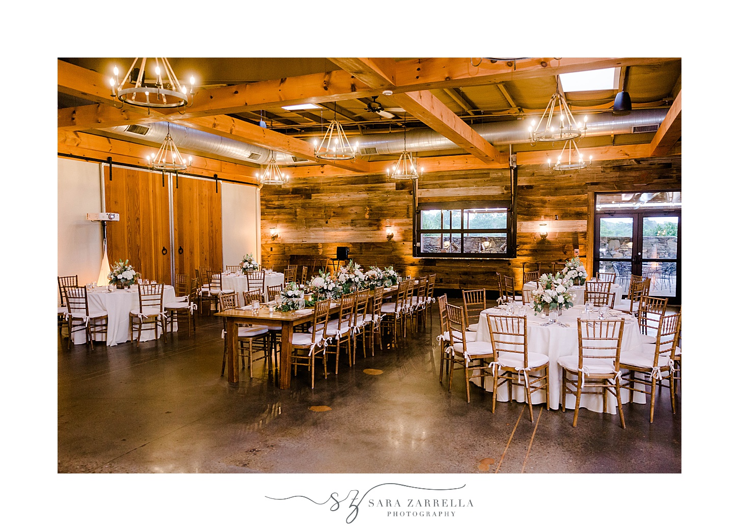 Newport Vineyards wedding reception in barn