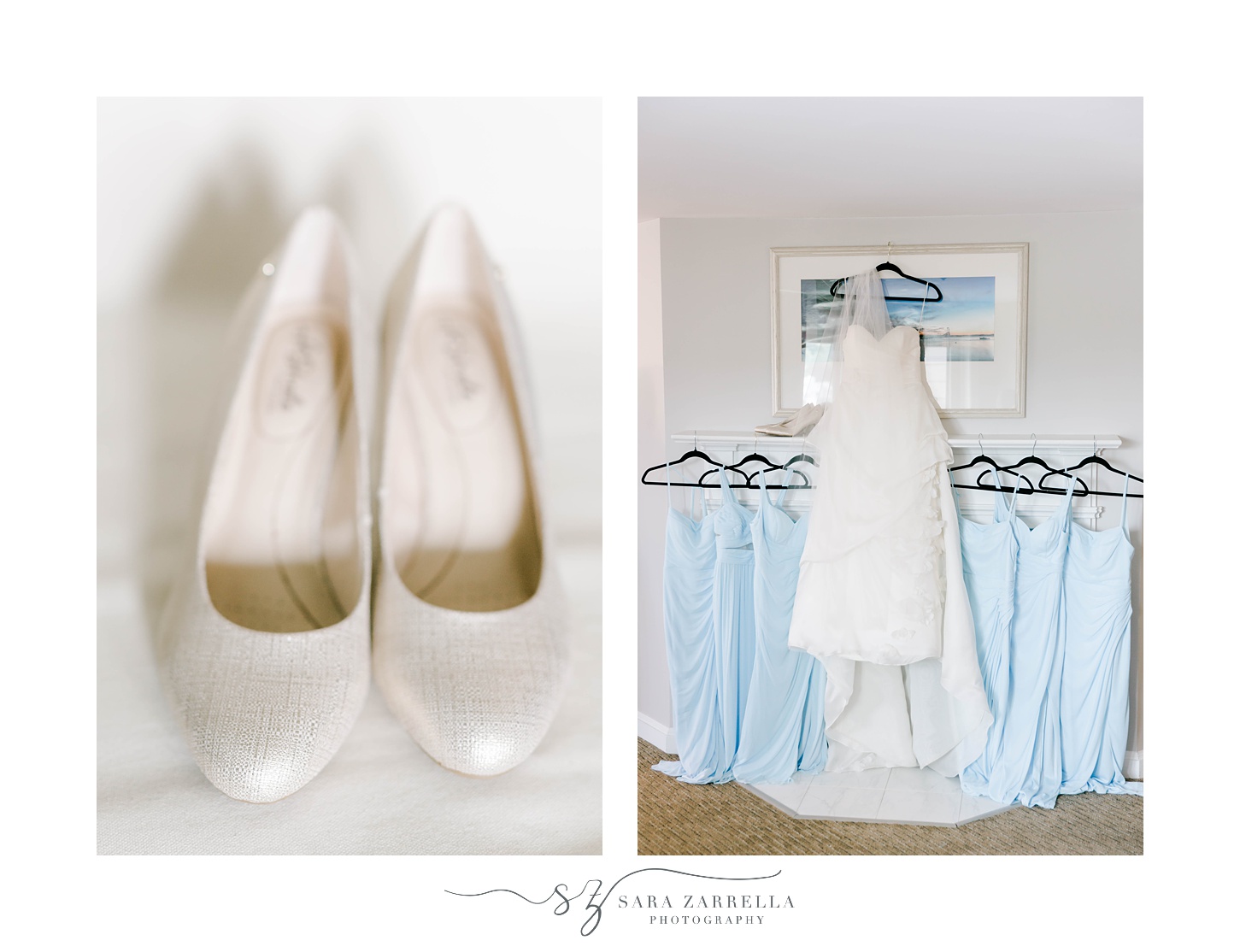 wedding dress hangs with light blue bridesmaid dresses