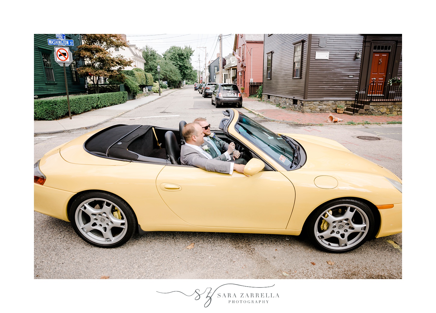 groom drives through Rhode Island in yellow car