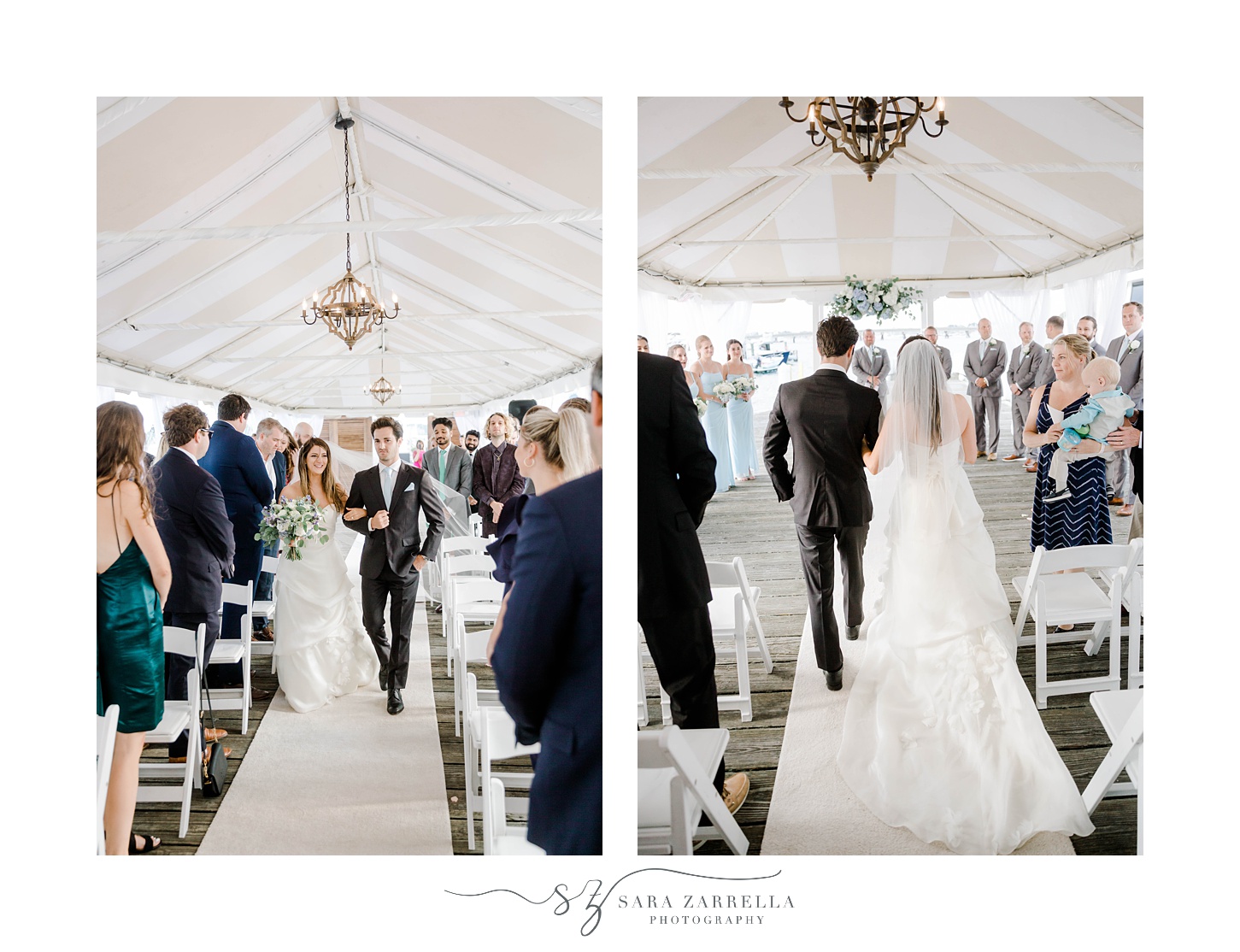 bride walks down aisle with brother for Regatta Place wedding ceremony