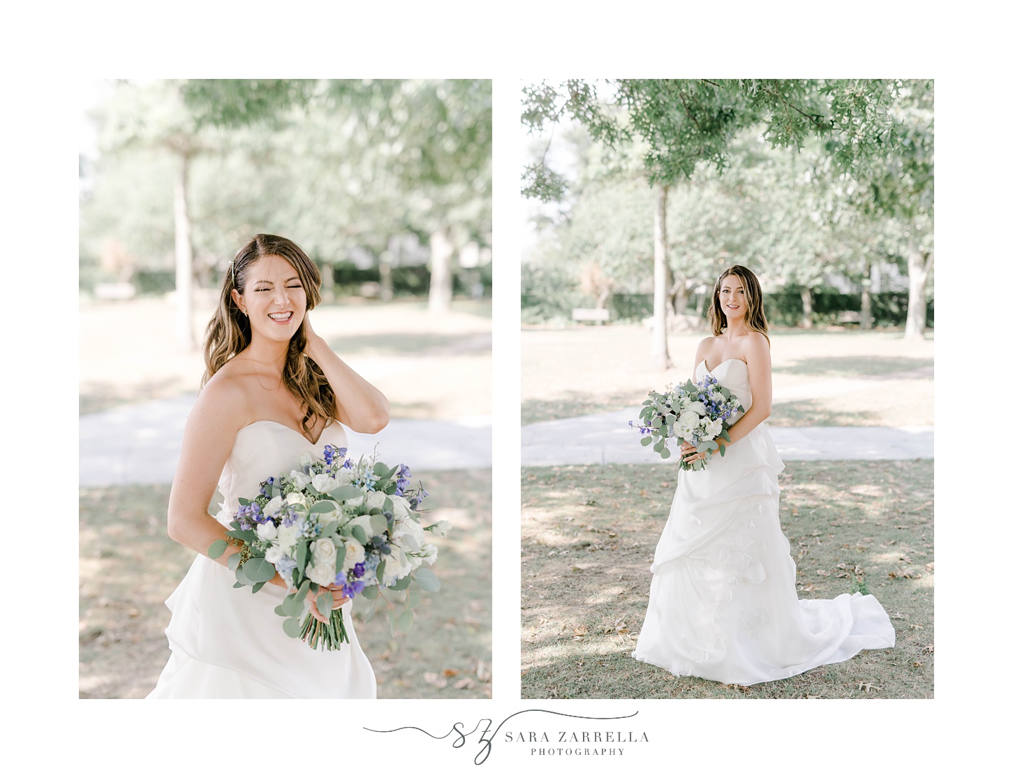 bride poses in park with bouquet of purple and white flowers