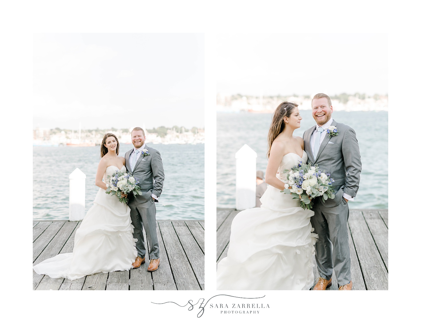 bride and groom stand on dock at Regatta Place