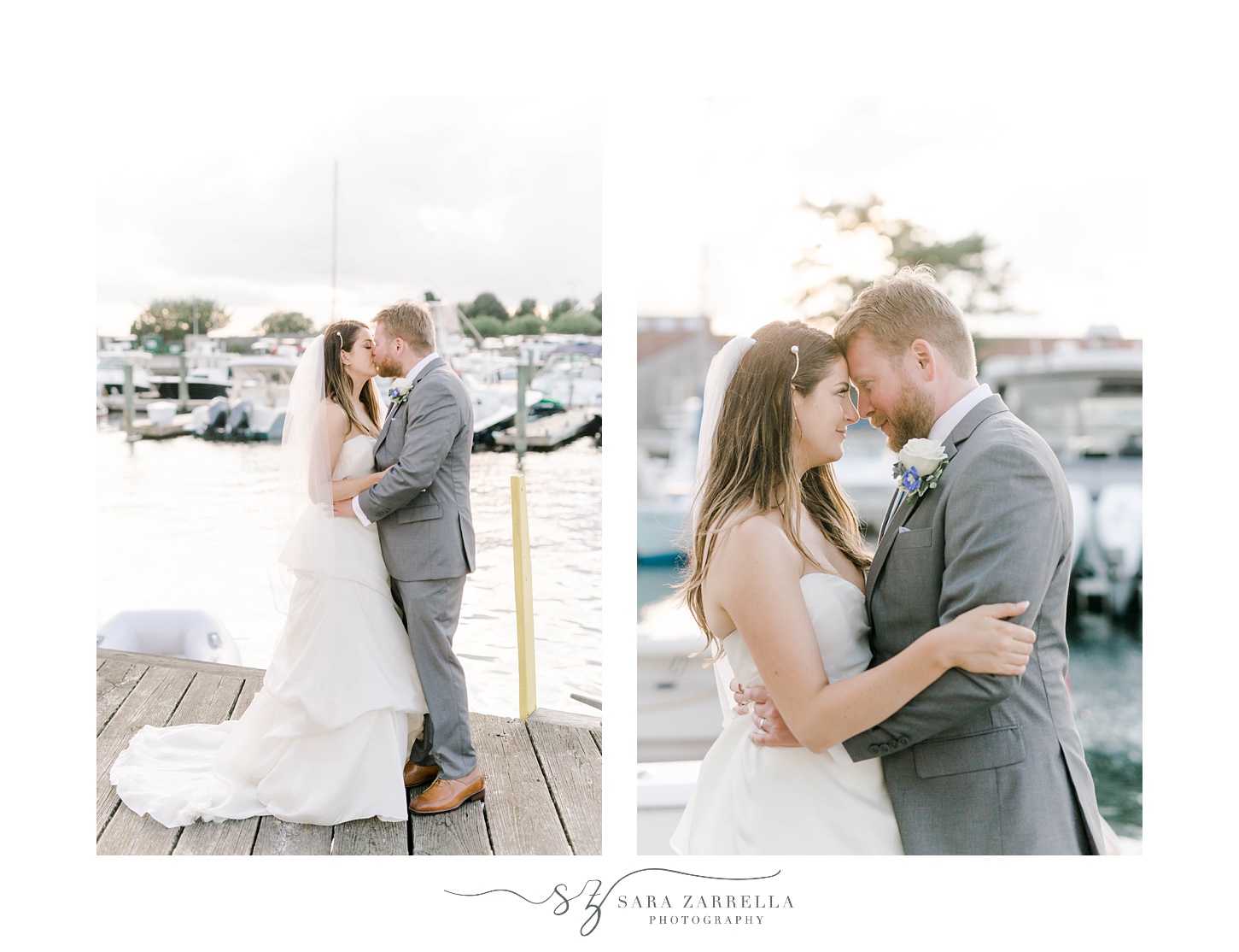sunset portraits of bride and groom on dock at Regatta Place