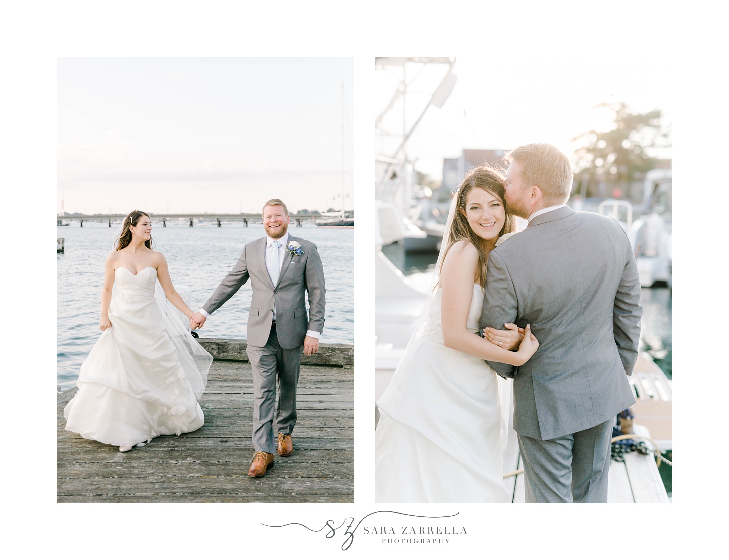 bride and groom walk on dock at sunset outside Regatta Place