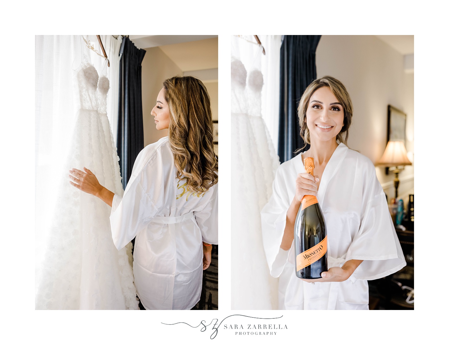 bride poses in robe by wedding gown with champagne