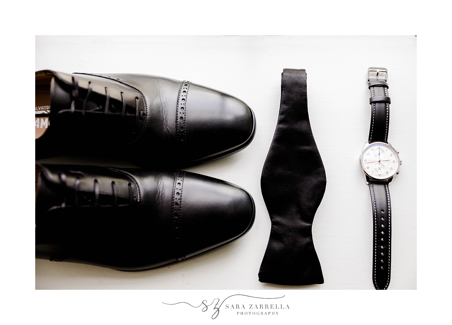 groom's shoes, bowtie and watch for Rosecliff Mansion wedding