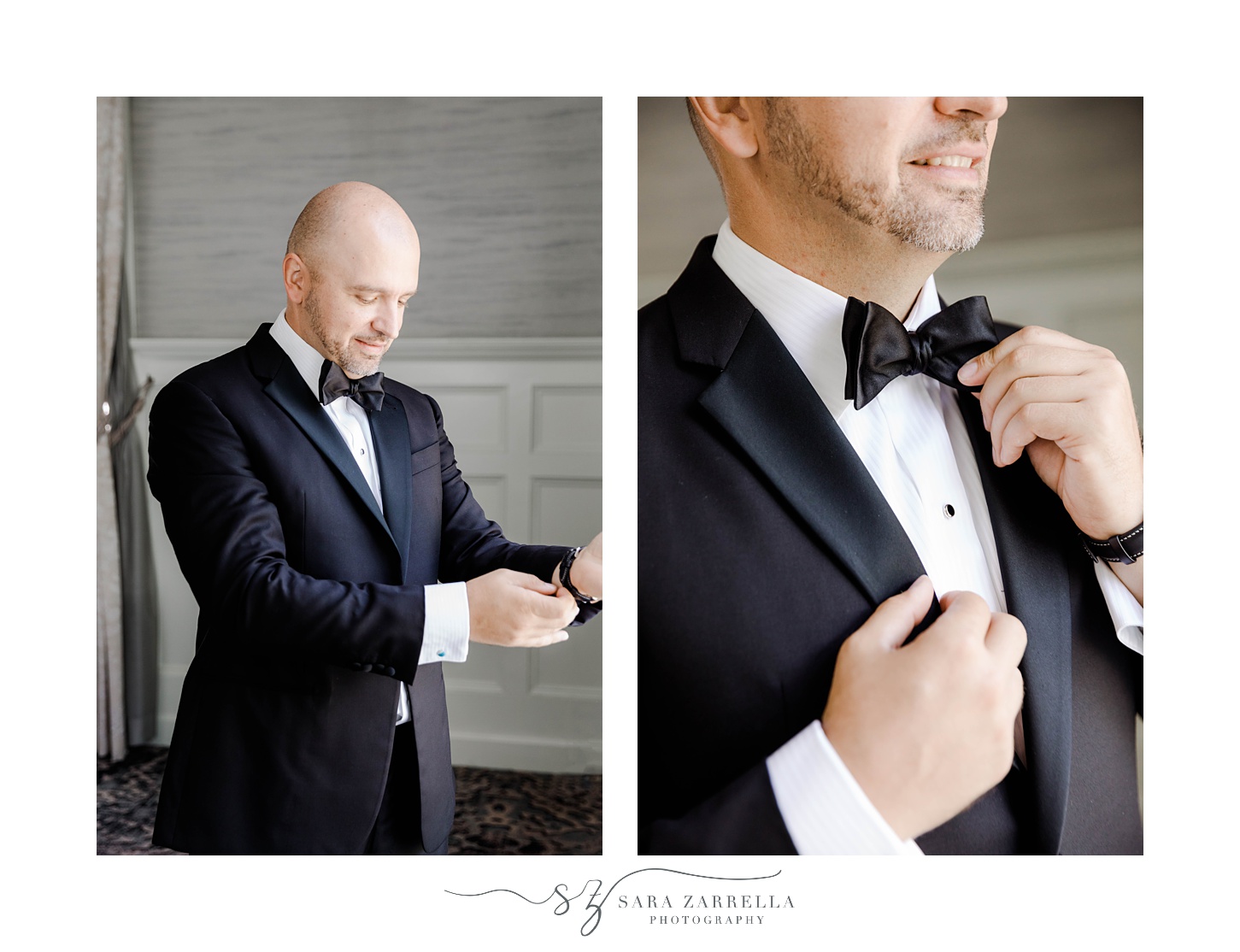groom adjusts tie before Rosecliff Mansion wedding