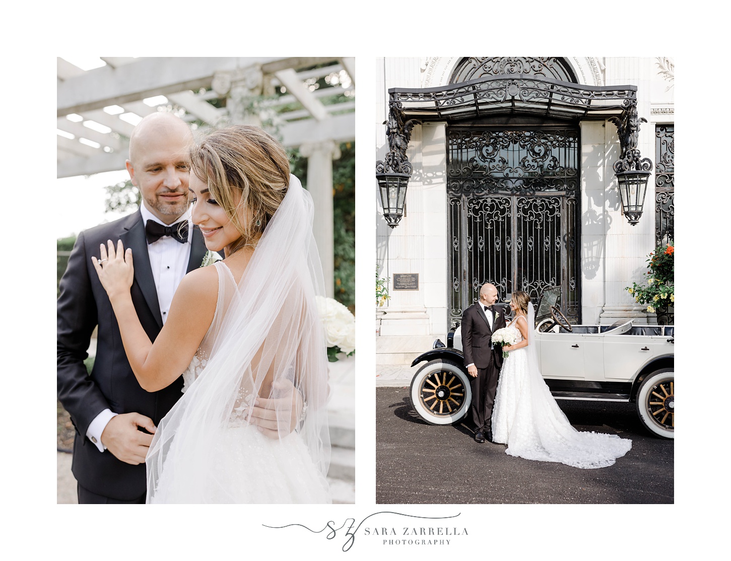 bride and groom stand with custom car outside Rosecliff Mansion