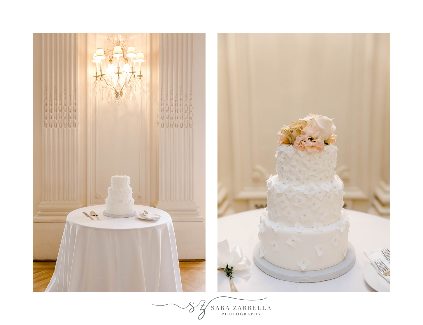 wedding cake display on table with white table cloth