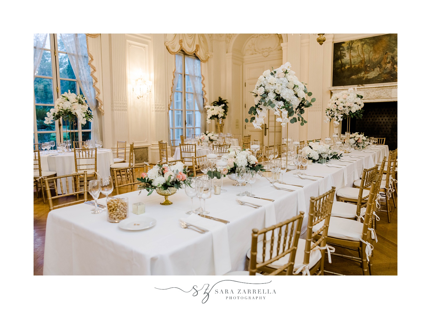 long tables for reception at Rosecliff Mansion